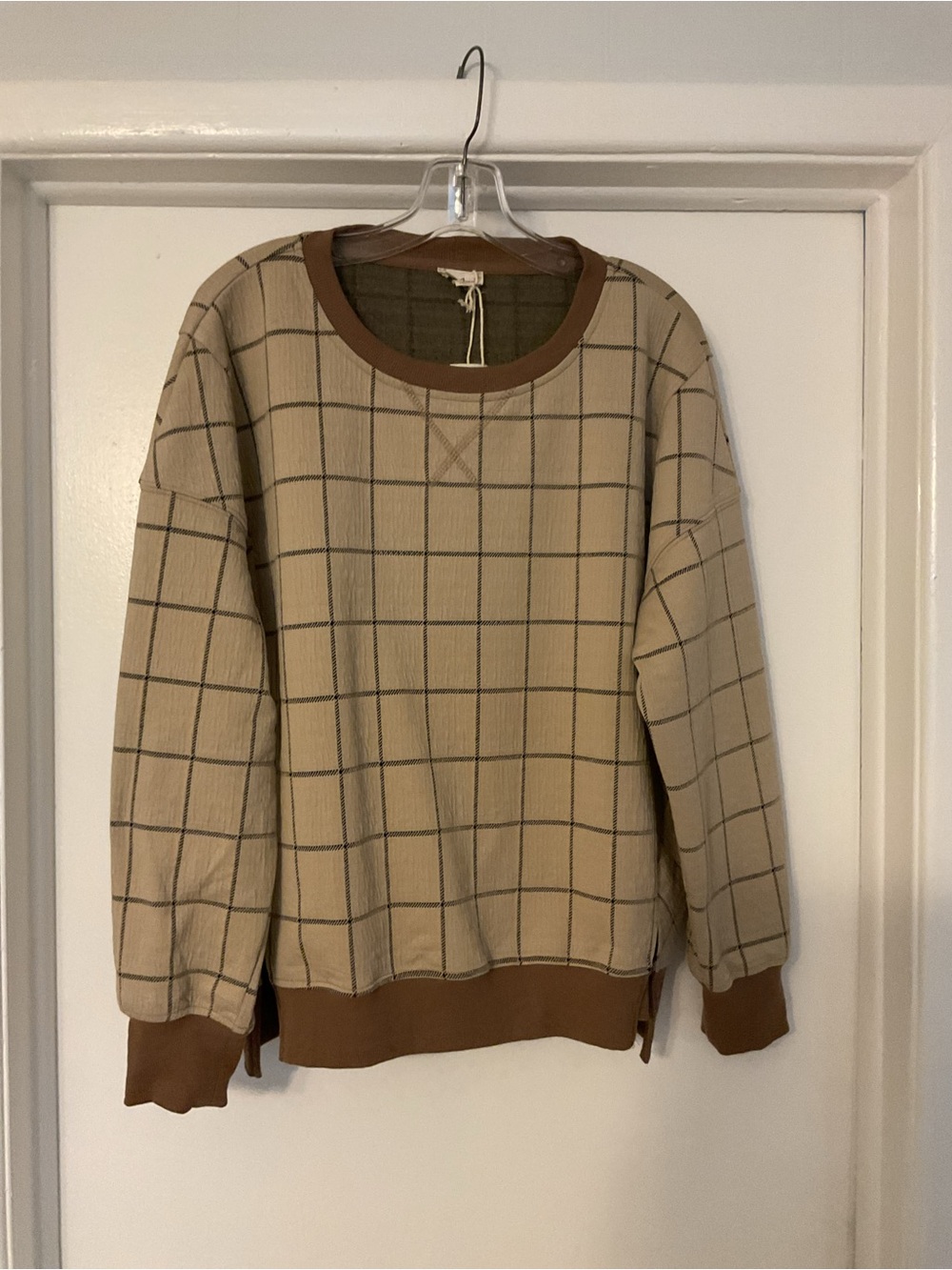 Hem & Thread Beige Lightweight Windowpane Sweatshirt with Brown Trim Large